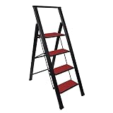 Step Ladder 4 Step Folding, Decorative - Beautiful Mahogany & Black Aluminum, Ultra Slim Profile, An