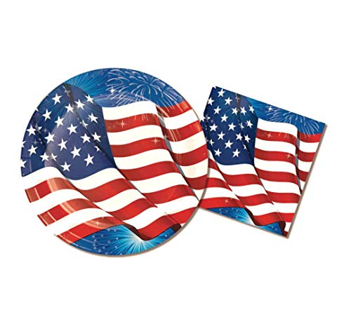 Patriotic American Flag Fourth of July Party Plates (16) Napkins (16)