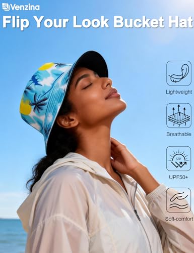 Image of Venzina Bucket Hat for Men Hat Cap for Men UPF 50+ UV Protection Packable Fisherman Sun Hat for Women Solid Reversible Camouflage Styles Beach Commute Travel Outdoor Hiking Round Cap