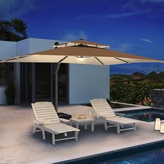 Ombrellon 10 X 13 FT Cantilever Patio Umbrella with Led Lights and Base Included Outdoor Heavy Duty Double Top Rectangle Offset Umbrellas with 360-degree Rotation for Pool Deck Backyard, Beige