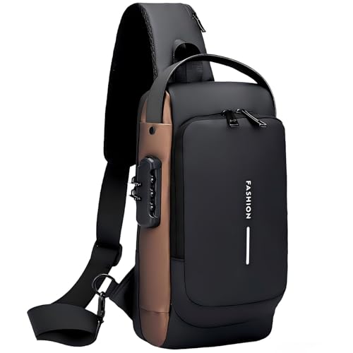 PEAGLOB Travel Sling Bag Waterproof Crossbody Bag with Combination Lock Anti-Theft PU Leather Chest Bag Black Gold
