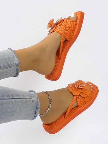 OYOANGLE Women's Boho Floral Decor Square Open Toe Braided Thong Sandals Square Open Toe Slide Sandals3