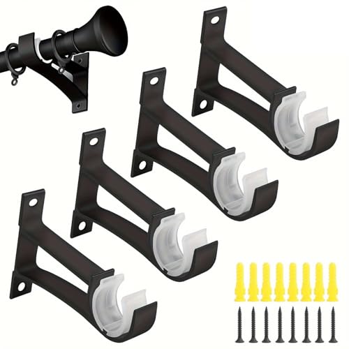 Curtain Rod Bracket, Heavy Duty Curtain Rod Holders Single Decorative Rod Hooks Hanger Fit for 1 Inch Drapes Rod, Black (Set of 4)