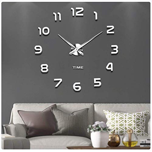Vangold Modern Mute DIY Frameless Large Wall Clock 3D Mirror Sticker Metal Big Watches Home Office Decorations 2 Years Warranty (Silver-2)