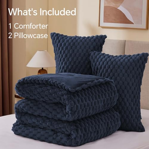 Image of BEDELITE Fluffy Oversized Queen Comforter Set, Navy Fleece Bed Set 3 Pieces