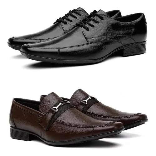 Kit 2 Pares Sapato Social de Couro Preto e Marrom com Solado de Borracha Costurado (44)