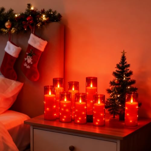 Image of kakoya Flameless LED Candles with Timer 24 Pc Flickering Flameless Candles for Romantic Ambiance and Home Decoration Stable Acrylic Shell,with Embedded Star String,Battery Operated Candles(Red)