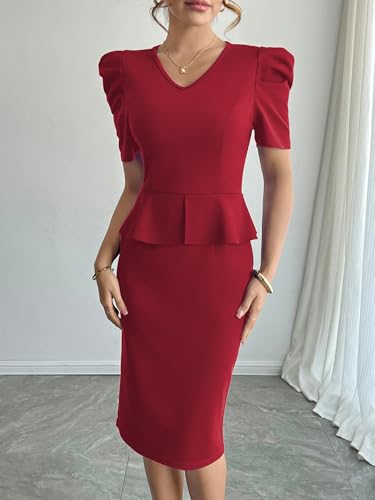 Mokayee Womens Summer Puff Sleeve V Neck Peplum Church Business Work Pencil Dresses2