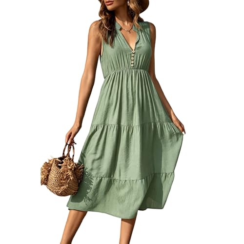 Image of BROVAVE Womens 2026 Summer Sleeveless Shirt Dress Collar Striped V Neck Casual Midi Dresses
