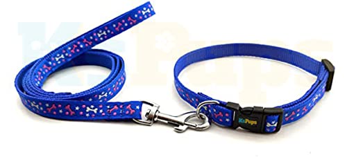 Image of Dog Collar Leash Set Puppy Printed - Adjustable 15 MM Nylon Collar with Leash for Small Pet and Puppies, Color-Full Collar Leash Set for Puppies, Dog & Cat (15mm Paw Print (Blue))