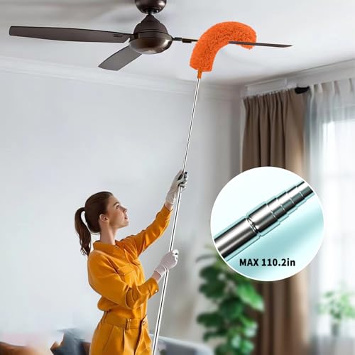 Image of Cobweb Duster with Extension Pole,Cleaner Outdoor 110 inch Telescoping Extended Sspider Brush, Dusting Kit,Long Handle Reach for High Ceilings and Fans,Microfiber Webster Remover Tools Feather Dusters