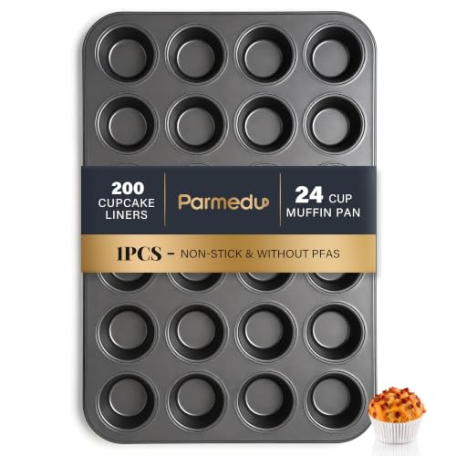 Parmedu 24-Cup Carbon Steel Muffin Pan Set with 200 Cupcake Liners, 0.5mm Heavy-Gauge Nonstick Cupcake Pan for Beginners and Family Bakers, Birthday Christmas Halloween Thanksgiving Holiday Bakeware