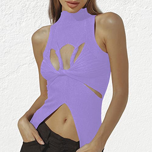 Image of Women Strapless Crop Top Sexy Hollow Out Twist Front Knitted Tank Tops Sleeveless Y2K High Neck Cut Out Sweater Vest