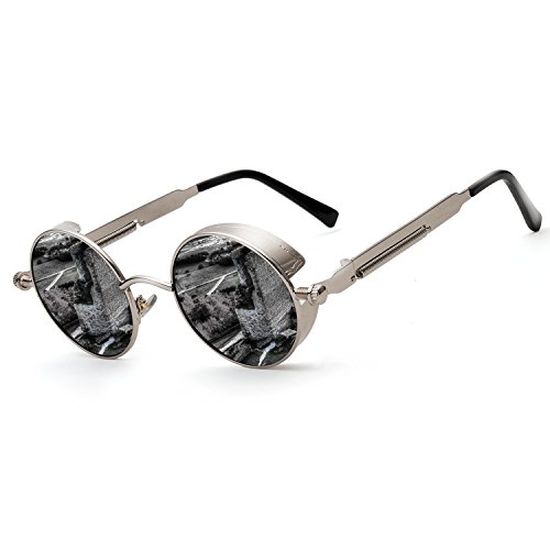 ZOGEEN Polarized Steampunk Round Sunglasses for Men Women Mirrored Lens Metal Frame S2671 (Silver&Black)
