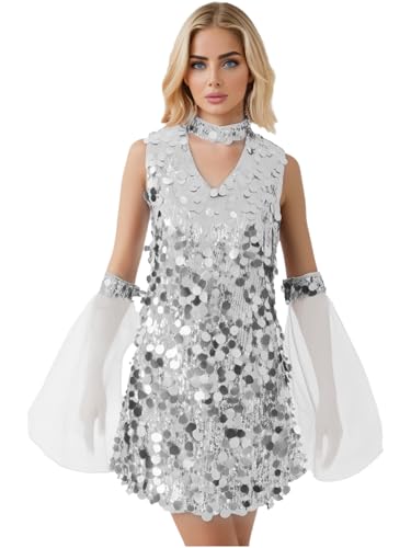 JEATHA Robe De Soirée Disco Party Femme Paillettes Robe Déguisement Disco 70s Costume Carnaval Halloween Festival Spectacle S-XXL Argenté M