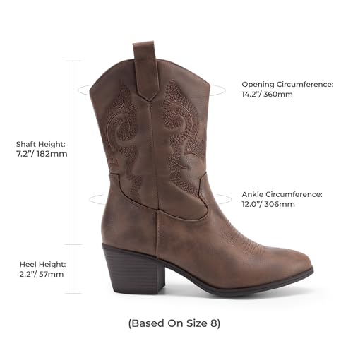 DREAM PAIRS Cowboy Boots for Women, Mid Calf Cowgirl Boots with Embroidery Round Toe Western Chunky Low Heel Shoes,Size 6.5,Brown,DWUMMB2505