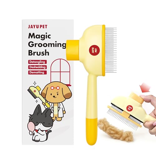 JAYU PET Magic Grooming Brush – Cat Brush for Shedding, Dual-Length Stainless Steel Bristles, One-Click Self-Cleaning, Vertical Deshedding Comb, Professional Pet Grooming Tool
