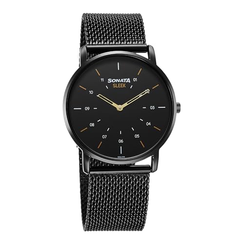 Image of Sonata Sleek Quartz Analog Black Dial Black Stainless Steel Strap Watch for Men