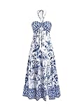 SweatyRocks Vestido halter de verano para mujer, vestido boho bandeau, vestido de playa con flores, vestido maxi vestido de verano ligero con flores, azul, L