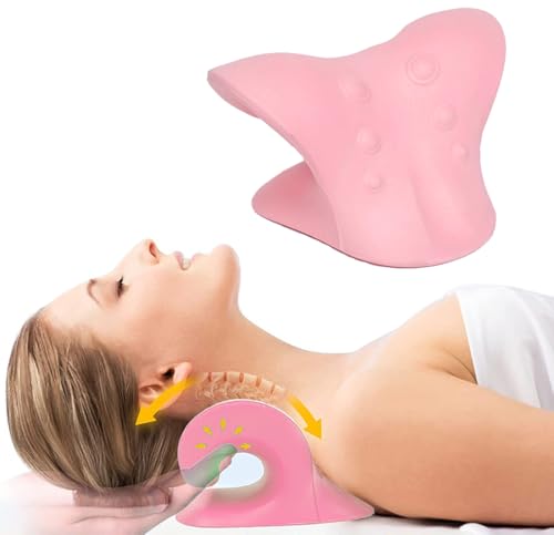 MOANATURA Almohada de Tracción Cervical - Dispositivo Quiropráctico para Alivio del Dolor de Cuello y Hombros - Relajación y Estiramiento Cervicales - Cojín Ortopédico Terapéutico Ergonómico (Rosa)