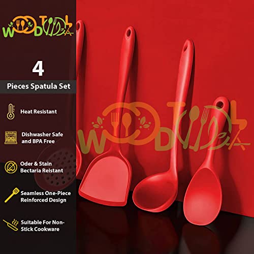 Image of Silicone 4-Piece Cooking Utensils Set - BPA-Free Cooking Spatulas - Soup Ladle, Rice Spoon, Turner Spatula, Skimmer (Red)