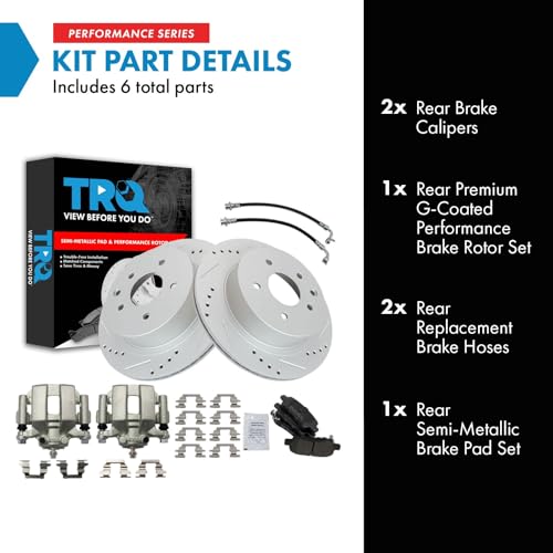 Image of TRQ Performance Rear Brake Pad and Rotor Set Semi Metallic Slotted Drilled Coated Rotors Calipers Compatible with 2003-2005 Infiniti G35 Nissan 350Z