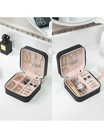 Image of Mini Jewellery Travel Case, PU Leather Organizer Box, Small Portable Jewellery Storage Holder for Womens Rings Earrings Necklaces (Peach-PU Leather Box) (Black)