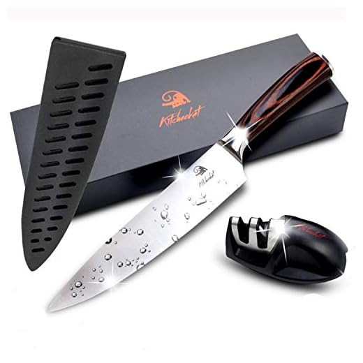 Chef's Knife 8 Inch With Sharpener Plus Cover Sheath| Kitchen Knife Professional Grade Crafted From Stainless Steel | No Slip Grip Balanced Full Tang Pakkawood Handle!