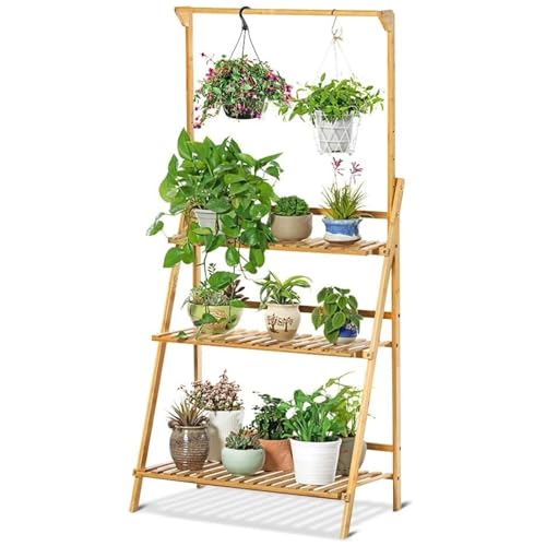Greensen Soporte para Flores de Madera, Estantería para Plantas Plegable, Escalera Plantas 3 Niveles Estanterias Decorativas para Balcón Jardín 68,5 x 40 x 144 cm