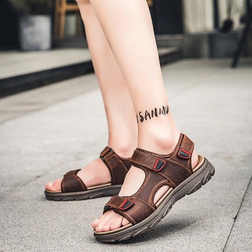 MILDSEVEN Classics Men's Real Leather Hiking Sandals, Fashion Open-Toe Sandals, Hollow Out Backpacking Beach Shoes,10,Brown3