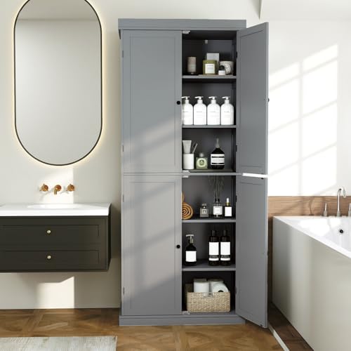 COSTWAY 184cm Tall Kitchen Cupboard, 6 Tiers Buffet Pantry Storage Cabinet with 4 Doors, Adjustable Shelves & Anti-tipping Device, Freestanding Sideboard Organizer for Dining Room (4 Doors, Grey) - Image 8