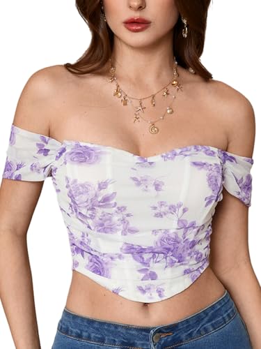 Image of Floerns Women's Off Shoulder Short Sleeve Asymmetrical Hem Ruched Corset Crop Top