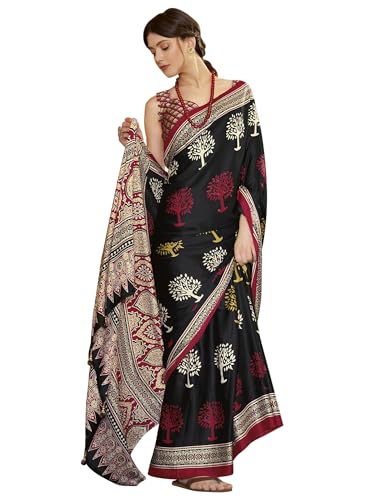 Image of SAREE MALL Women's Ajrkh Print Satin Crepe Polka Dot Printed Saree With Unstitched Blouse Piece