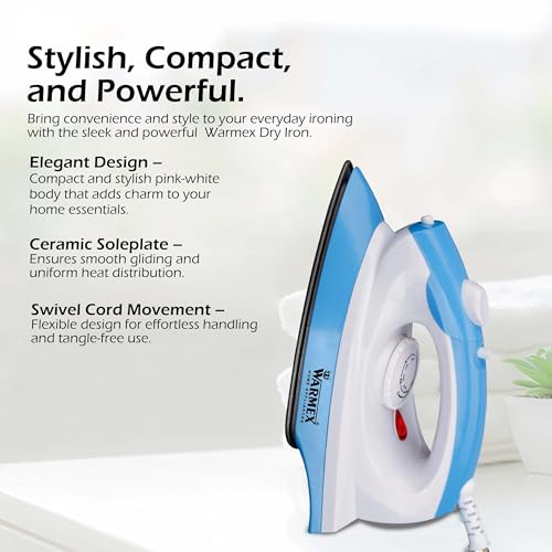 Image of WARMEX 1200 Watt Spray or Dry Iron for Clothes, Steam Iron Press, 50 ml Water tank & Non-Stick Soleplate, On /OFF Indicator Light with Overheat Safety Protection | 2 Year Warranty | (Blue)