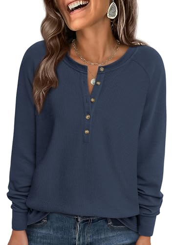PRETTYGARDEN Women's Long Sleeve Waffle Knit Shirts 2025 Fall Casual Button Up Henley V Neck Tunic Tops Loose Fit Basic Tees (Navy Blue,X-Large)