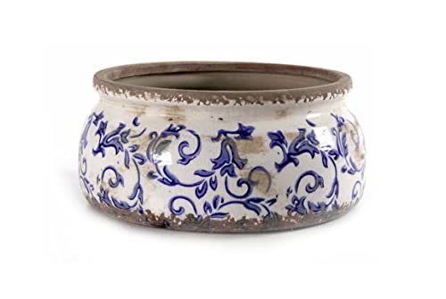 CERAMICA GICOS IMPORT EXPORT SRL Vaso vasetto cachepot anticato in ceramica tondo 23 * 23 * 10 cm decoro smerlato blu schabby chic casa giardino EXC-743900