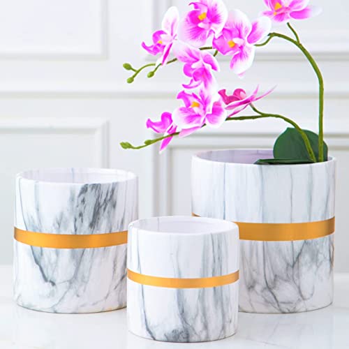 Indoor Planter Pots With Drainage - 3 Pack Set, 4 + 5 + 6 Inch White Ceramic Orchid Pot, Marble Gold Christmas Flower Pot Decor, Unique Modern Classy Live Succulent Pot, Macetas Para Plantas Orquideas #TOP13