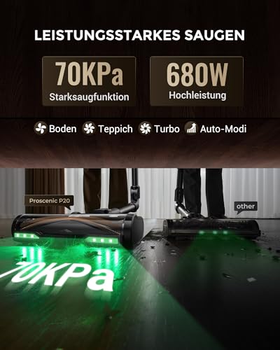 Proscenic P20 Staubsauger mit Wischfunktion, 680 W 70 kPa 70 Min Akku Staubsauger Kabellos, Selbststehend mit Wandladestation, Anti-Tangle… – Ansicht 2