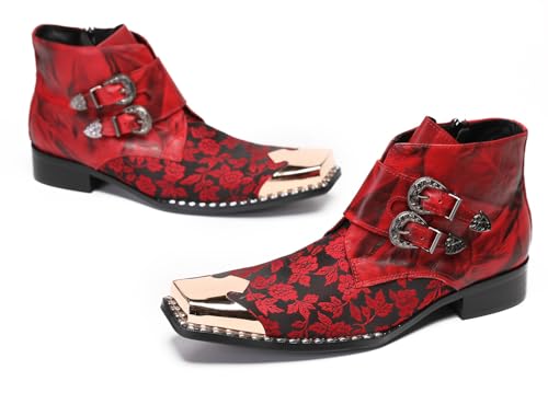 Santimon Cowboy Boots for Men Party Red Dress Casual Leather Metal Square Toe Floral Buckle Chelase Boots Mens Fashion Ankle Western Boots for Boys4