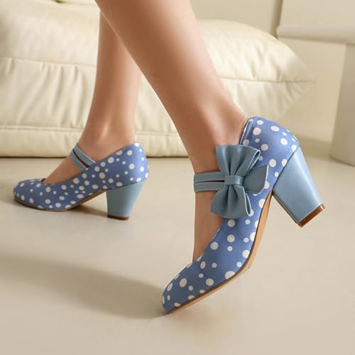 Inornever Black Heels for Women Mary Jane Chunky High Heels Dressy Shoes Round Toe Ankle Strap Mid Block Heel Dress Pumps Shoes (Black/Light Blue/Mint Green/Pink/Mustard Yellow) (8.5,Baby Blue)4