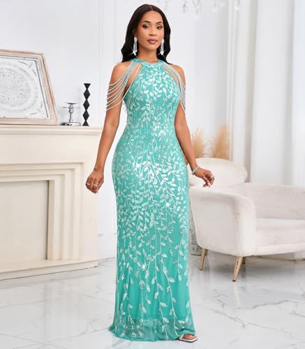 Image of Cololura Women Sexy Elegant Sequin Tassel Off Shoulder Halter Bodycon Maxi Dress Party Evening Gown Formal Dress