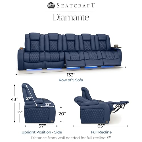 Image of Seatcraft Diamante Navy Blue Italian Leather Home Theater Seating, Zero Gravity Power Recliner, Gaming and Home Office Chair, Powered Headrest Furniture for Family Cinema Room, Row of 5 Sofa