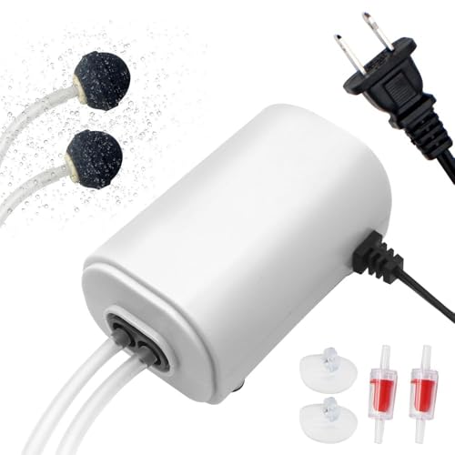 YQMIGU Mini Air Pump Aquarium Quietest for Fish Tank 5 to 75 Gallons, Adjustable Dual-Outlet Bubbler for Bait 3W 108GPH, with Air Stones, Airline Tubing, Check Valves, Suction Cup