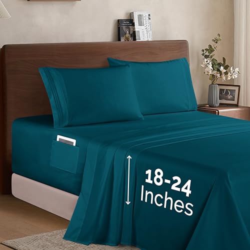 Elegant Comfort Luxury 1500 Premium Hotel Quality Microfiber 4-Piece Sheet Set - Soft, All Around Elastic 18-24 Inches Deep Fitted Sheet - Extra Deep Pocket Sheets, King, Marine Teal