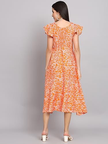 Image of Dream Beauty Fashion Women's Polyester Printed A-line Round Neck Bell Sleeve Knee-Long Dress (Elora-Dress-01)