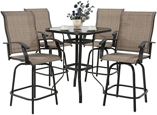 VONZOY 5 Piece Patio Bar Height Set w/ 4 Outdoor Swivel Chairs and 1 High Glass Bar Table, High Top Bistro Set – Brown
