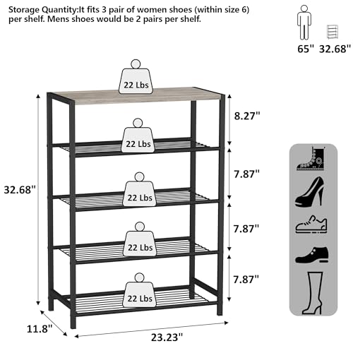 Image of HOMEFORT 5 Tiers Shoe Rack Organizer,23 inch Shoe Storage Shelf for Closet, Shoe Rack for Entryway, Each Tier Fits 3 Pairs, Shoe Stand with Metal Shelves and MDF Top Board, Washed Gray