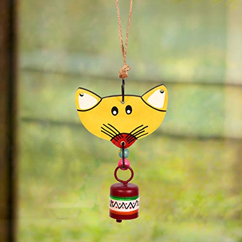 Image of Aakriti Art Creations Handpainted Yellow Wind Chime | Handmade Wooden & Metal Wind Chime | Matte Decorative Wind Chimes for Balcony, Garden & Home, Living Room & Gifting