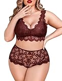 Avidlove Women Plus Size Lingerie Set Sexy Lace Halter Bralette High Waist Panty Set Dark Red