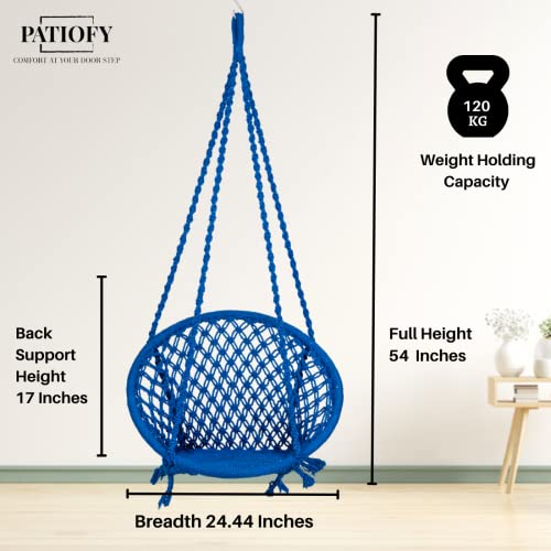 Image of Patiofy Cotton Netted Round Large Swing for Adults /Swing for Balcony /Swing Chair for Adults for Home /Hammock Swing for Adults /Swing Chair Wooden /Without Hanging Kit (120Kgs Weight Capacity- Blue)
